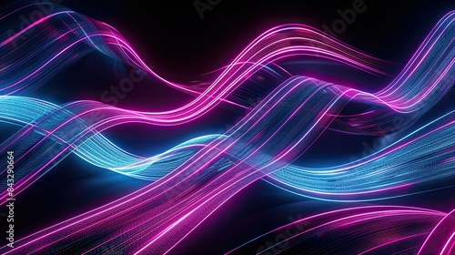 A captivating array of neon lines, crisscrossing and curving in an intricate dance of light against a solid black background.  photo