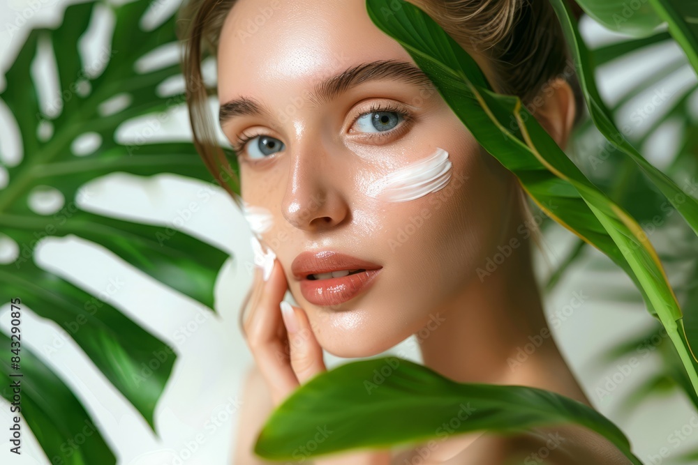 Beautiful women apply face cream on a white background, in a soft light, green leaves in the foreground. Skincare concept, beauty concept Beautiful women apply face cream on a white background, in a soft light, green leaves in the foreground. Skincare concept, beauty concept
