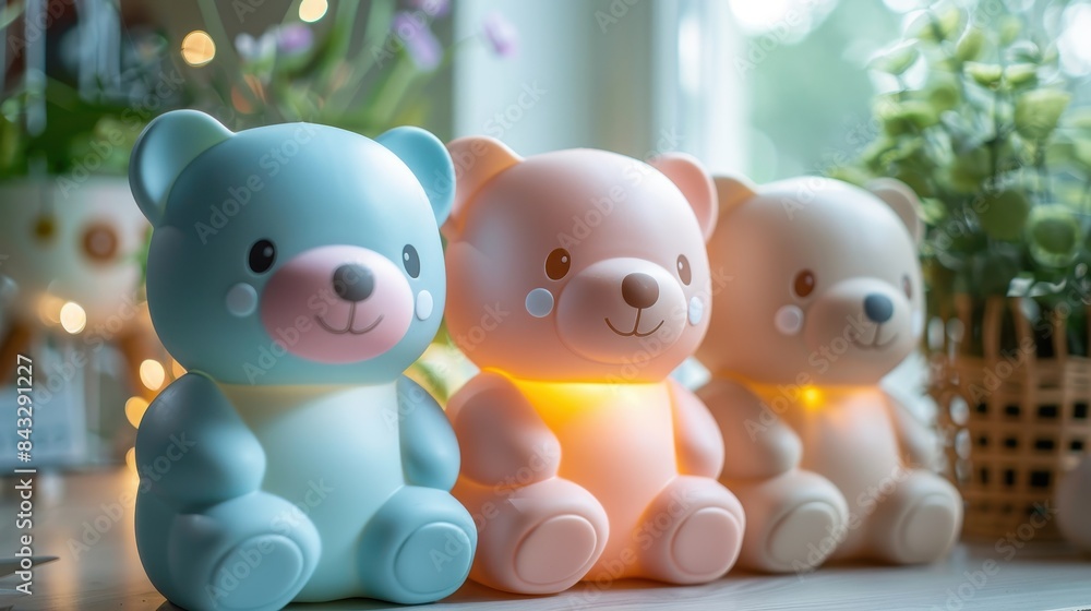 Three teddy bears are sitting on a table, with one of them being blue Three teddy bears are sitting on a table, with one of them being blue