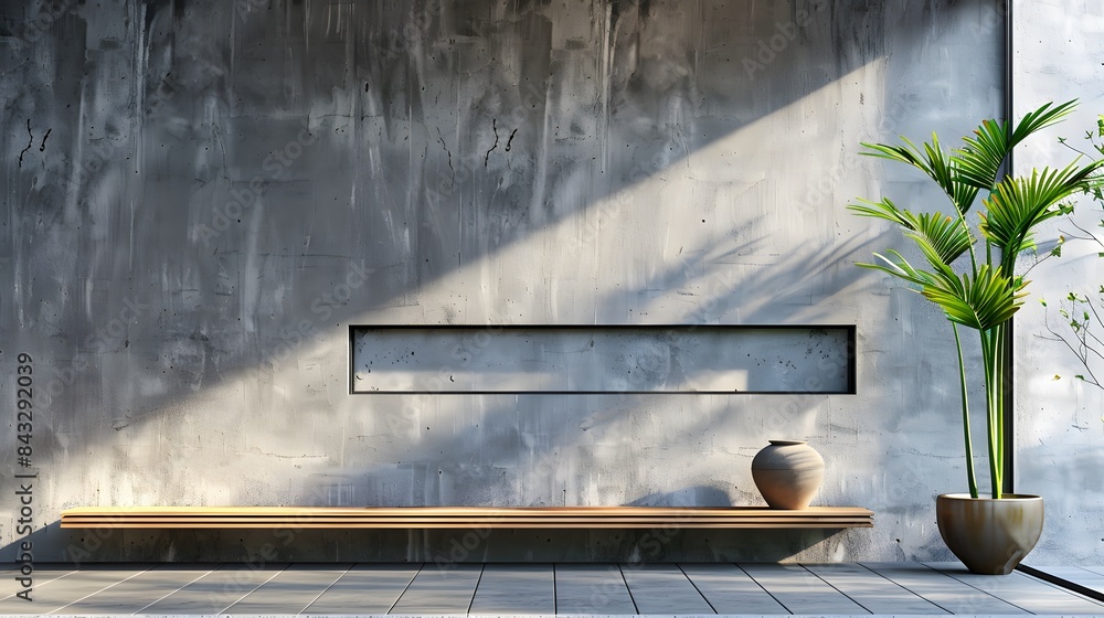 Minimalist exterior featuring a sleek concrete wall with a narrow horizontal window and a simple wooden bench beneath it. Minimalist exterior featuring a sleek concrete wall with a narrow horizontal window and a simple wooden bench beneath it.