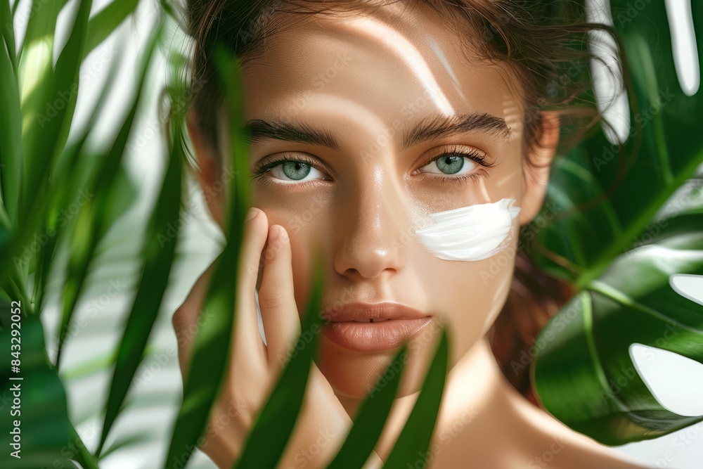 Beautiful women apply face cream on a white background, in a soft light, green leaves in the foreground. Skincare concept, beauty concept Beautiful women apply face cream on a white background, in a soft light, green leaves in the foreground. Skincare concept, beauty concept