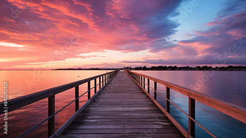 Calm and beautiful coastal area. A long wooden jetty stretches out into the quiet, calm sea with gentle waves. Pastel-coloured clouds in the sky