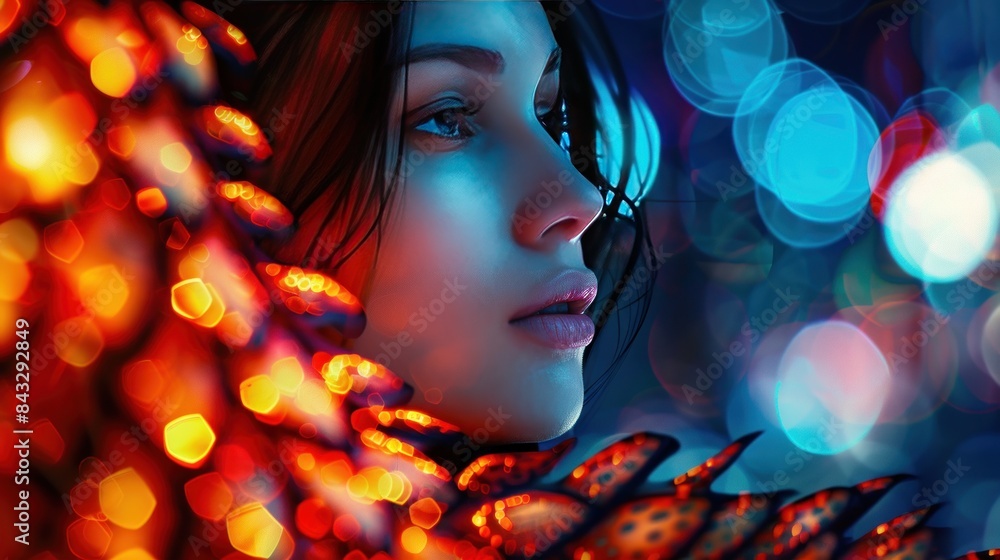 Beautiful woman with fiery dragon scales, cyberpunk style, AI generated image