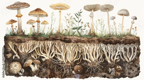 Intricate botanical illustration of soil-based mushroom growth, highlighting detailed root systems and mushroom anatomy