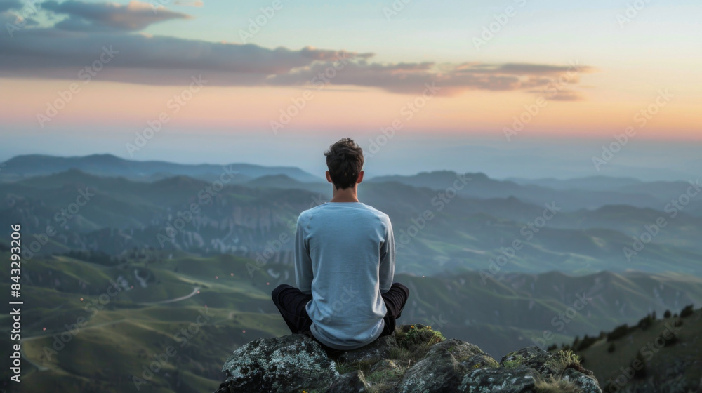 Fototapeta premium A man is sitting on a rock in the mountains, looking out at the beautiful sunset