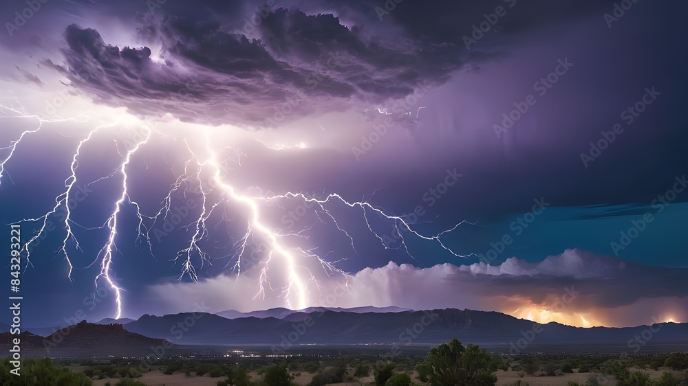 Captivating energy: Glowing lightning electrifies the night sky, casting an enchanting glow on the surrounding landscape. Captivating energy: Glowing lightning electrifies the night sky, casting an enchanting glow on the surrounding landscape.