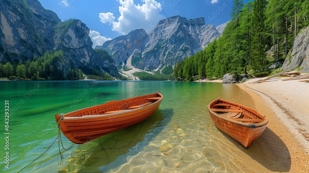 Idyllic Lake Braies, small boat resting on calm waters, vibrant summer foliage, clear blue skies, serene setting Idyllic Lake Braies, small boat resting on calm waters, vibrant summer foliage, clear blue skies, serene setting