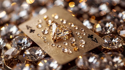 Golden Ace of Spades card, finely detailed, surrounded by radiant diamonds, close-up, clean isolated background, studio lighting