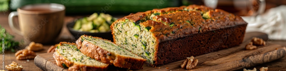 Freshly made zucchini bread cooling on a kitchen counter ready to be enjoyed with a cup of tea. Freshly made zucchini bread cooling on a kitchen counter ready to be enjoyed with a cup of tea.