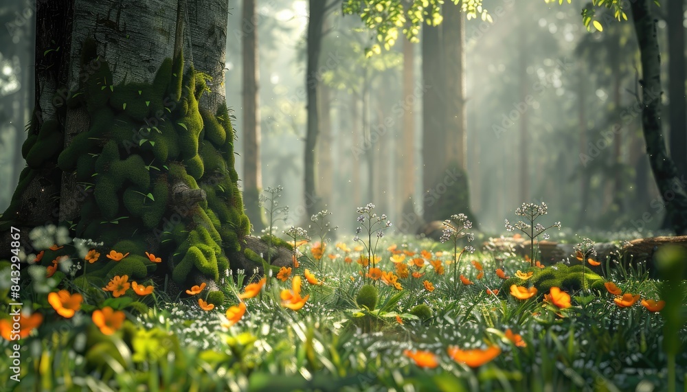 Natural dorest of woods with sunbeams through fog and leaves branch create mystic atmosphere. sunny morning in green forest Natural dorest of woods with sunbeams through fog and leaves branch create mystic atmosphere. sunny morning in green forest