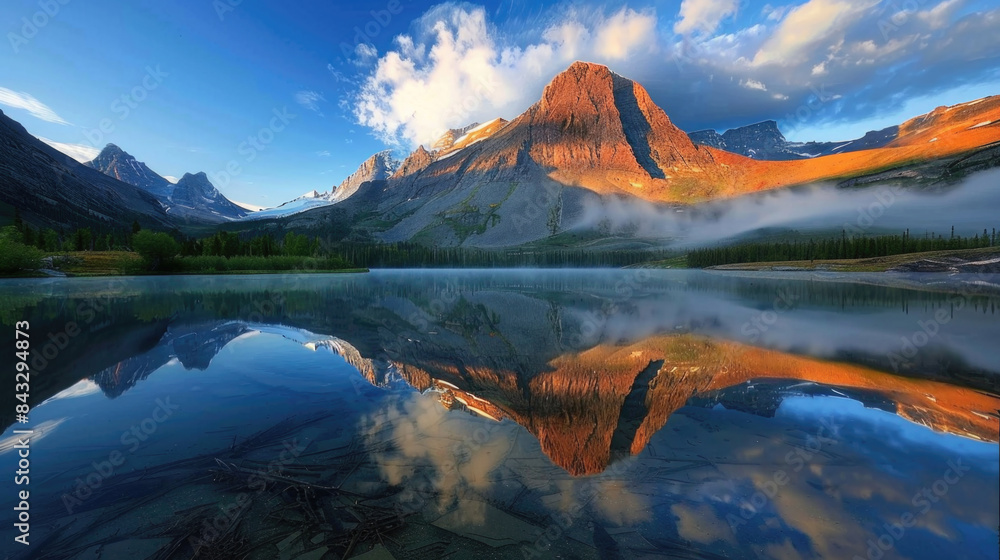 Obraz premium Winter lake in a mountain park with snow-capped peaks and reflections on the water.