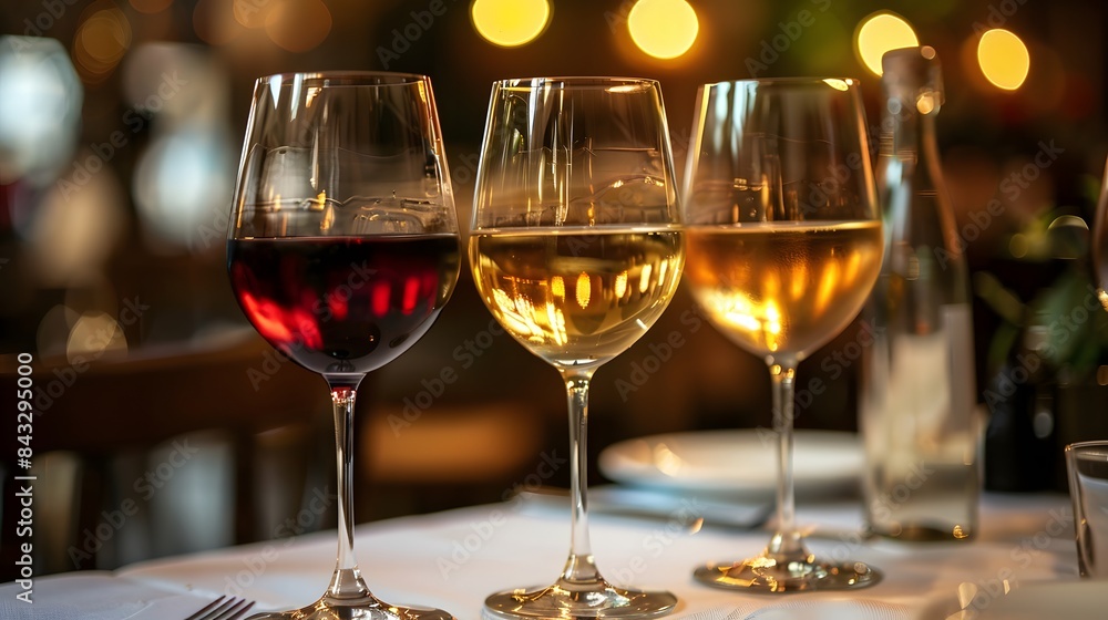 Three wine glasses with white, red and rose in an elegant restaurant setting. Three wine glasses with white, red and rose in an elegant restaurant setting.
