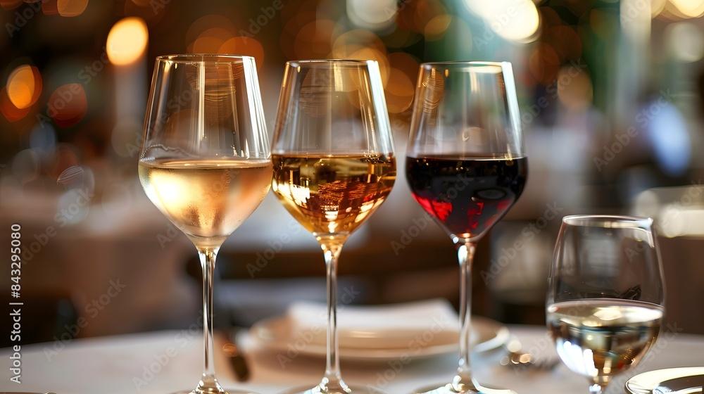 Three wine glasses with white, red and rose in an elegant restaurant setting. Three wine glasses with white, red and rose in an elegant restaurant setting.