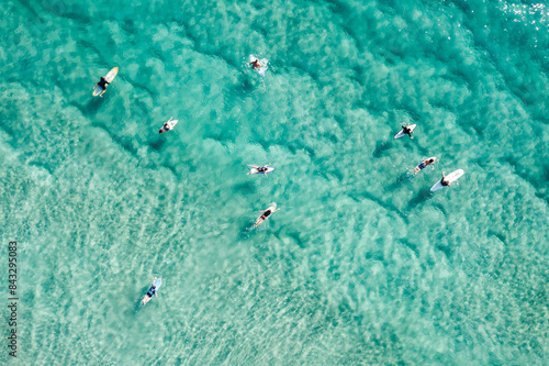 Aerial view of surfers in the ocean, Surfers Paradise, Gold Coast, Queensland, Australia