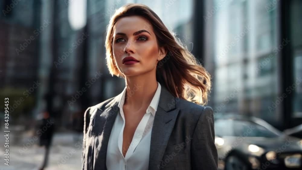 A business woman with a confident style and a graceful face walks on the sidewalk with tall buildings in the background A business woman with a confident style and a graceful face walks on the sidewalk with tall buildings in the background