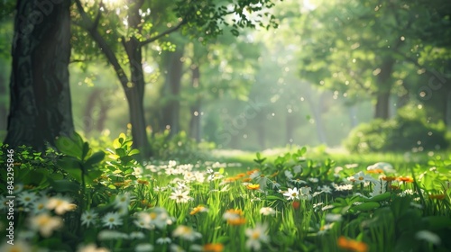 Natural dorest of woods with sunbeams through fog and leaves branch create mystic atmosphere. sunny morning in green forest © Paradox