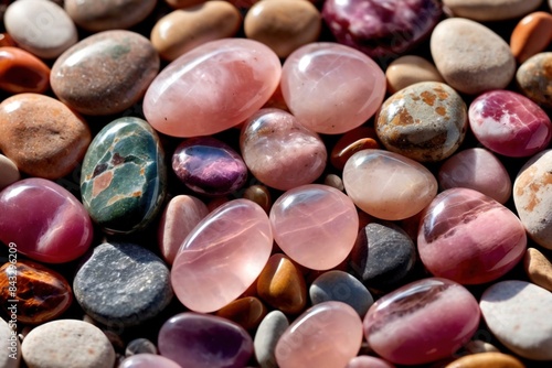 Abstract texture background of colorful polished pebbles stones, rose quartz crystals