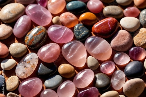 Abstract texture background of colorful polished pebbles stones, rose quartz crystals © Kheng Guan Toh