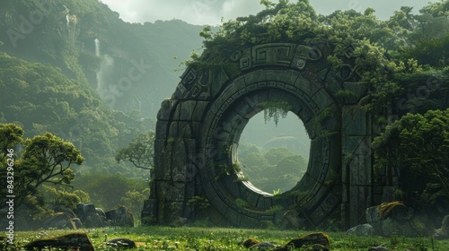 Detailed view of a massive Stargate door, overgrown with foliage, blending into a verdant field, mysterious and ancient