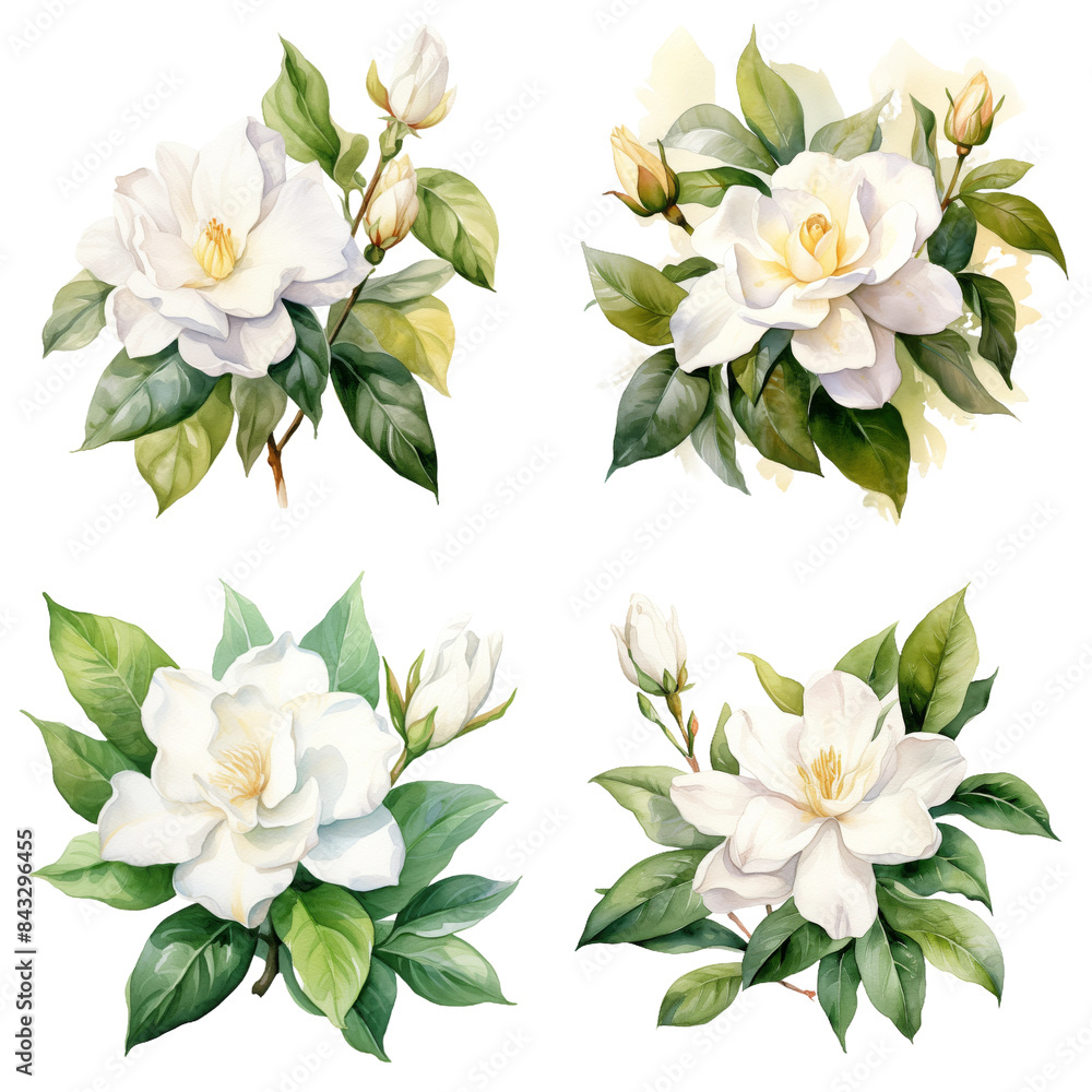 Set of Delicate Gardenia Blossom Watercolor Painting on White Background - Botanical Floral Artwork in Soft Pastel Colors for Decor and Design Projects Set of Delicate Gardenia Blossom Watercolor Painting on White Background - Botanical Floral Artwork in Soft Pastel Colors for Decor and Design Projects