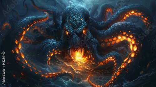 Detailed scientific illustration of a deep-sea monster emerging from the abyss, bioluminescent tentacles, menacing eyes, dark ocean background photo