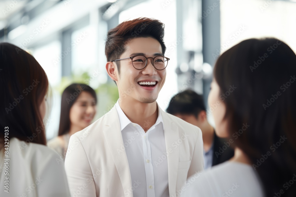 Asian businessman engages in conversation with others businessperson, sharing exchanging smiles, contributing to meaningful dialogue within business context in seminar event. Asian businessman engages in conversation with others businessperson, sharing exchanging smiles, contributing to meaningful dialogue within business context in seminar event.