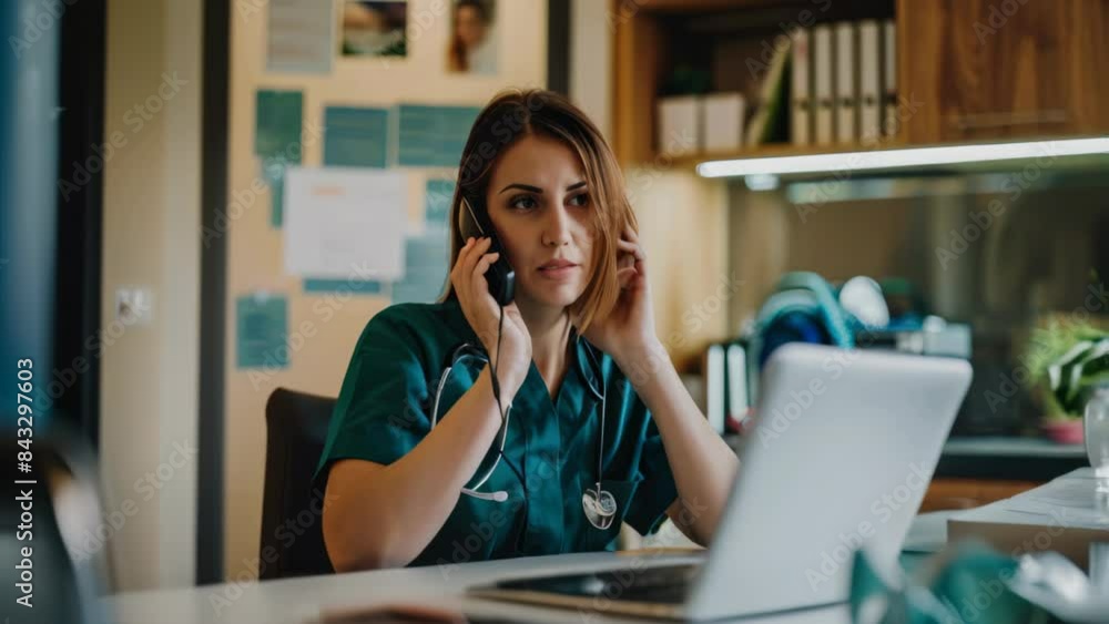 Young female nurse in blue scrubs talking on the phone while sitting at her desk with laptop.