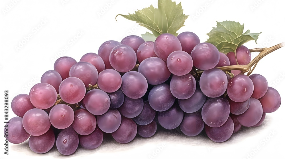 A close-up of a ripe, vibrant bunch of purple grapes with lush green leaves on a white background. A close-up of a ripe, vibrant bunch of purple grapes with lush green leaves on a white background.