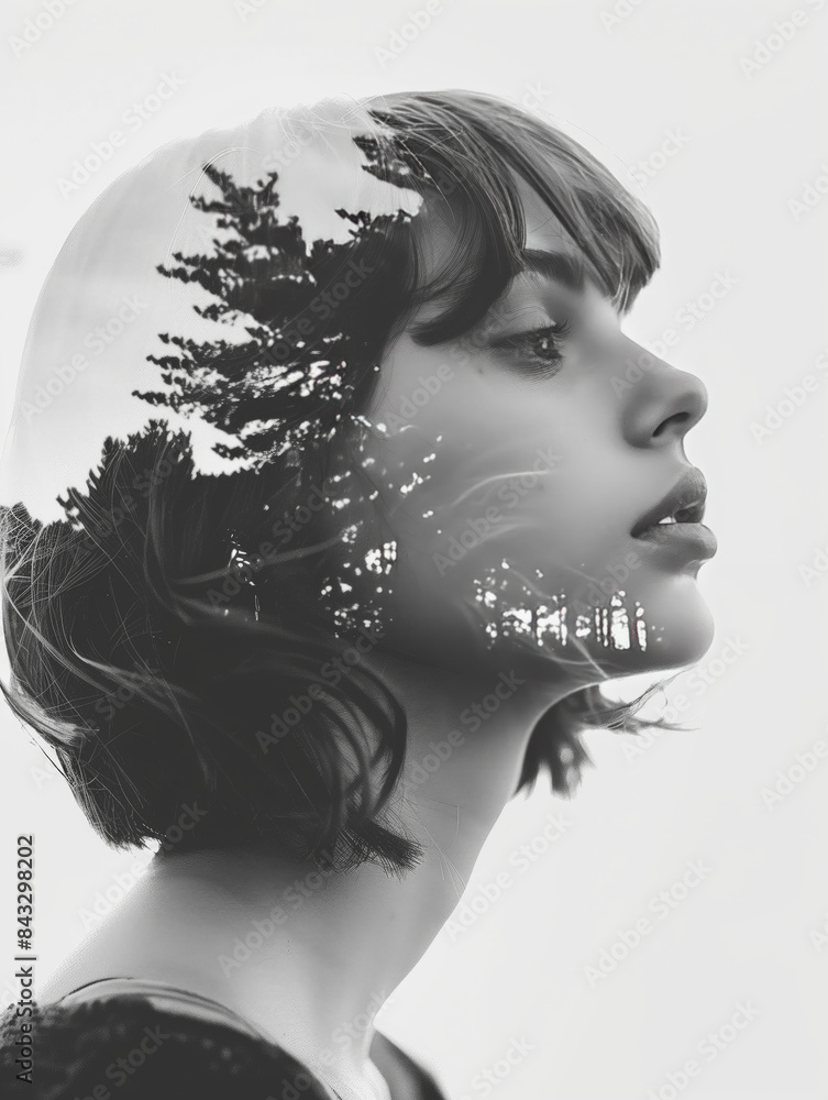 Double Exposure Portrait of Young Woman with Forest Imagery in Monochrome Double Exposure Portrait of Young Woman with Forest Imagery in Monochrome