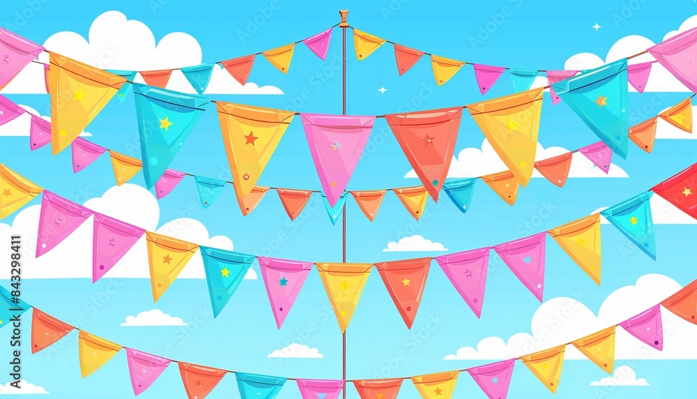 Obraz premium Colorful triangular party flags banner hanging against a bright blue sky with fluffy white clouds. Ideal for celebrations and festive occasions.