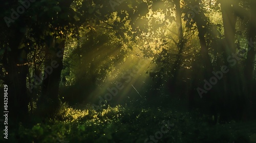 A surreal forest glade illuminated by the golden rays of the setting sun, with dappled light filtering through the canopy