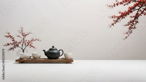 Japanese Tea Ceremony Setup with Red Flowers and White Teacups photo