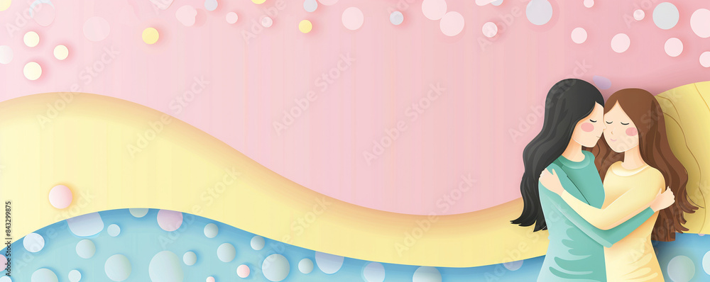 Cute two women hugging pastel color background sisters girlfriends couple love gay lesbian lgbtq pride valentine's day papercraft copy space illustration Cute two women hugging pastel color background sisters girlfriends couple love gay lesbian lgbtq pride valentine's day papercraft copy space illustration