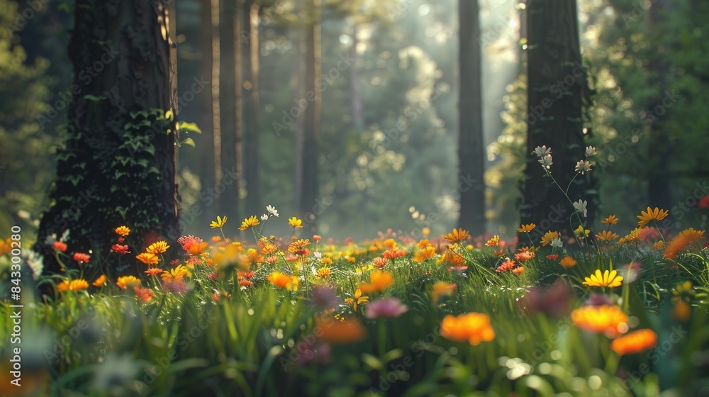 Natural dorest of woods with sunbeams through fog and leaves branch create mystic atmosphere. sunny morning in green forest Natural dorest of woods with sunbeams through fog and leaves branch create mystic atmosphere. sunny morning in green forest