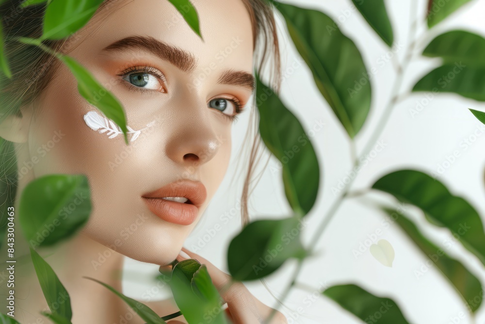 Beautiful women apply face cream on a white background, in a soft light, green leaves in the foreground. Skincare concept, beauty concept Beautiful women apply face cream on a white background, in a soft light, green leaves in the foreground. Skincare concept, beauty concept