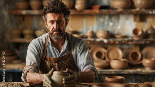 The picture of the professional potter working inside the workshop about molding the clay into the pot  the potter require skills like accuracy  experience  training and attention to detail. AIG43.