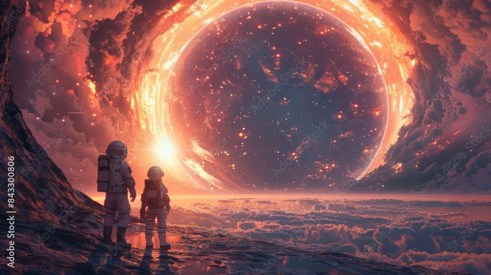 Detailed digital art of astronaut couple, beside a glowing Stargate, fantasy space scene, vibrant and immersive Detailed digital art of astronaut couple, beside a glowing Stargate, fantasy space scene, vibrant and immersive