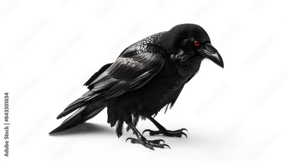 Fototapeta premium Black crow in a regal pose, red eyes shining, against a simple white background