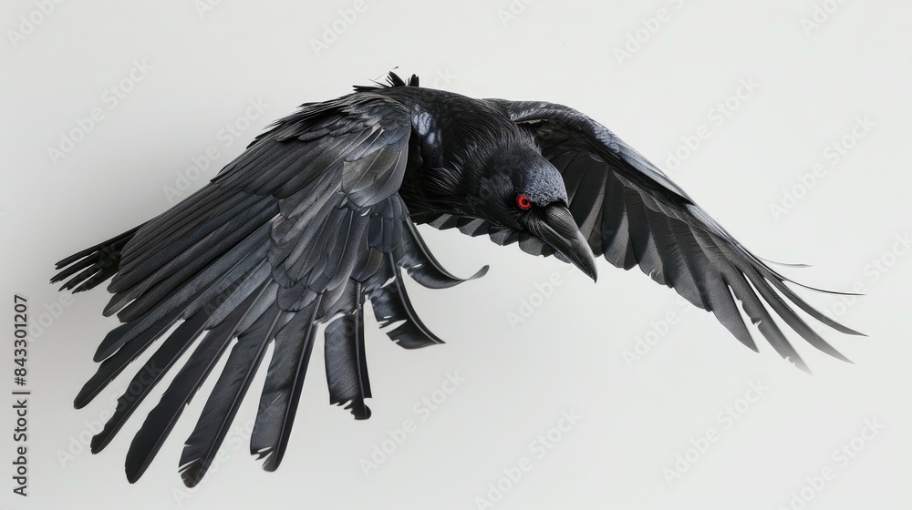 Fototapeta premium Black crow mid-flight, red eyes glowing intensely, captured against a pristine white background