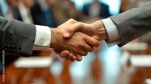 Two professionals shaking hands in a business meeting, symbolizing partnership, agreement, and successful collaboration. © WACHI