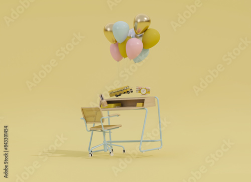 School desk with school accessory and yellow backpack with balloon on pink yellow background 3D Rendering, 3D Illustration
