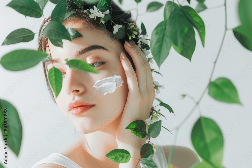 Beautiful women apply face cream on a white background, in a soft light, green leaves in the foreground. Skincare concept, beauty concept Beautiful women apply face cream on a white background, in a soft light, green leaves in the foreground. Skincare concept, beauty concept