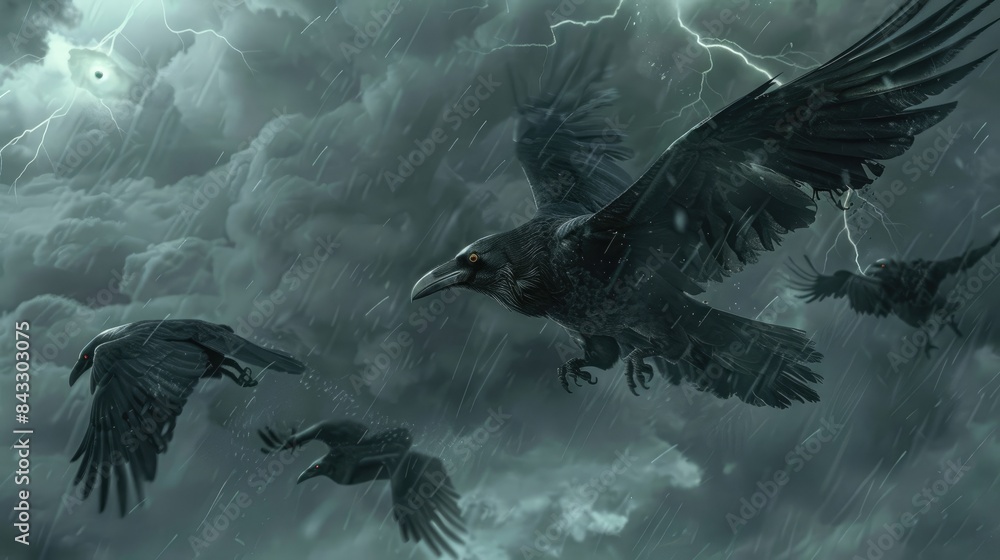 Obraz premium Fearsome black crows with sharp beaks and glowing eyes, flying in formation through a stormy and menacing sky.