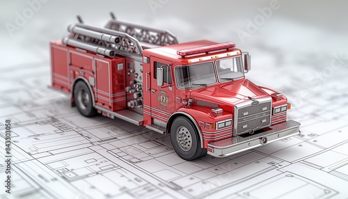 Red toy fire truck on white blueprint design photo