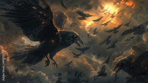 Flock of menacing black crows with glowing eyes, swarming under a thunderous sky, evoking a sense of dread. photo