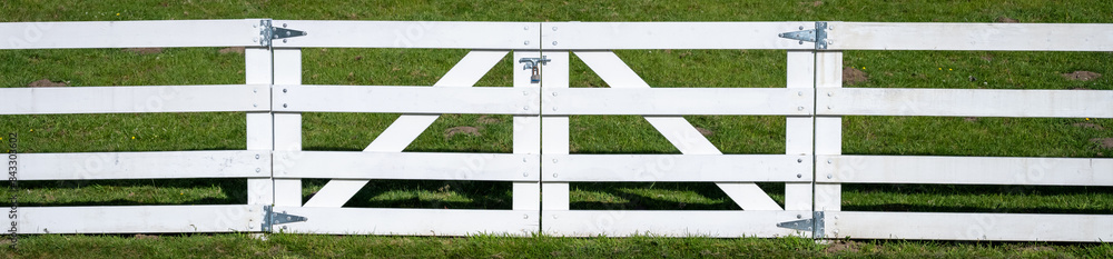 New white wood fence around a farm pasture with lush green grass on a sunny spring day, white double gates locked with padlock
New white wood fence around a farm pasture with lush green grass on a sunny spring day, white double gates locked with padlock