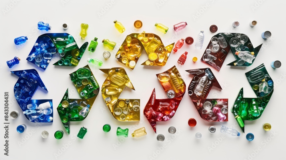 A photo of the recycling symbol made out of colorful recycled materials, such as plastic bottles, glass jars, and metal cans, set against a white background. A photo of the recycling symbol made out of colorful recycled materials, such as plastic bottles, glass jars, and metal cans, set against a white background.
