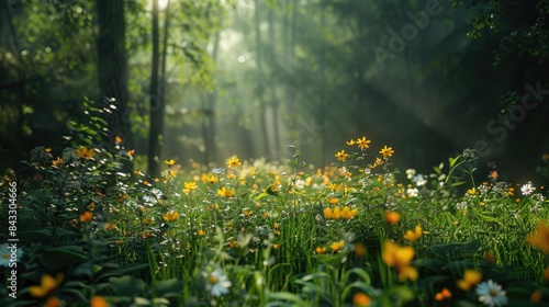 Natural dorest of woods with sunbeams through fog and leaves branch create mystic atmosphere. sunny morning in green forest © Paradox