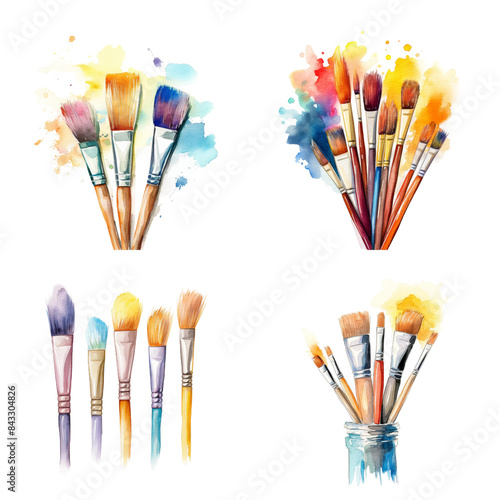 set of Paintbrushes Watercolor Painting on White Background