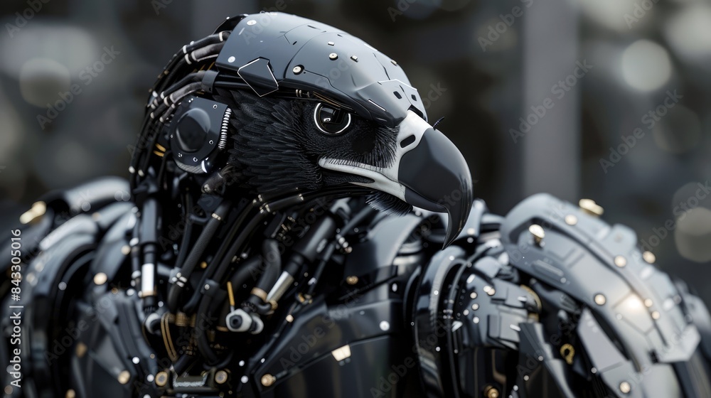 Robotic eagle with menacing black armor and weaponry, ready for action in a sci-fi battleground. Robotic eagle with menacing black armor and weaponry, ready for action in a sci-fi battleground.